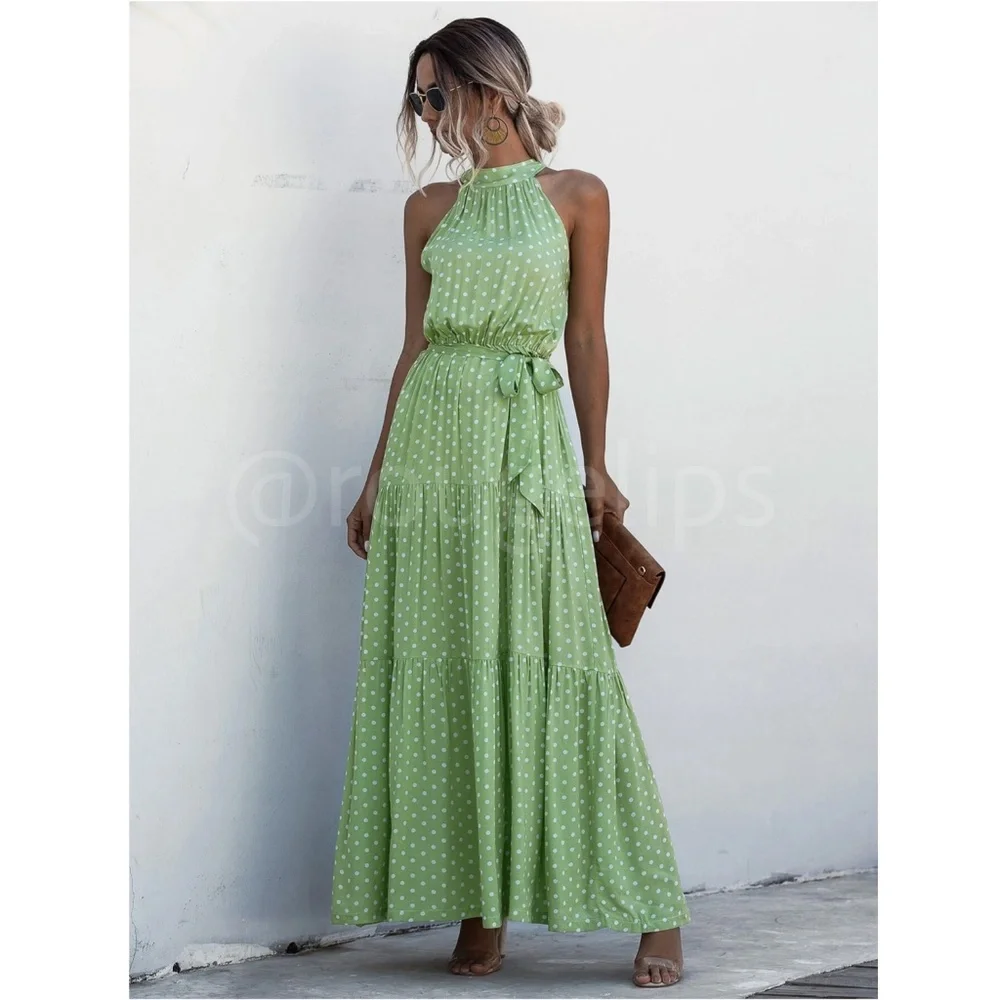 Polka Dot Print Maxi Dress Tie Belt High Neck White Green Long Flared Halter - Picture 7 of 13